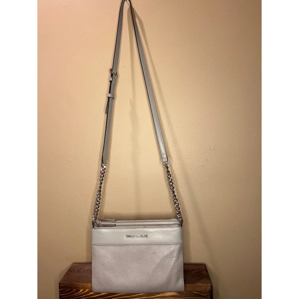 Michael Kors Adele Grey Pebbled Leather Triple Gusset Crossbody Bag Silver HW